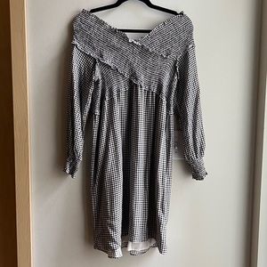 Off-The-Shoulder Cross Over Smocked Dress in Gingham